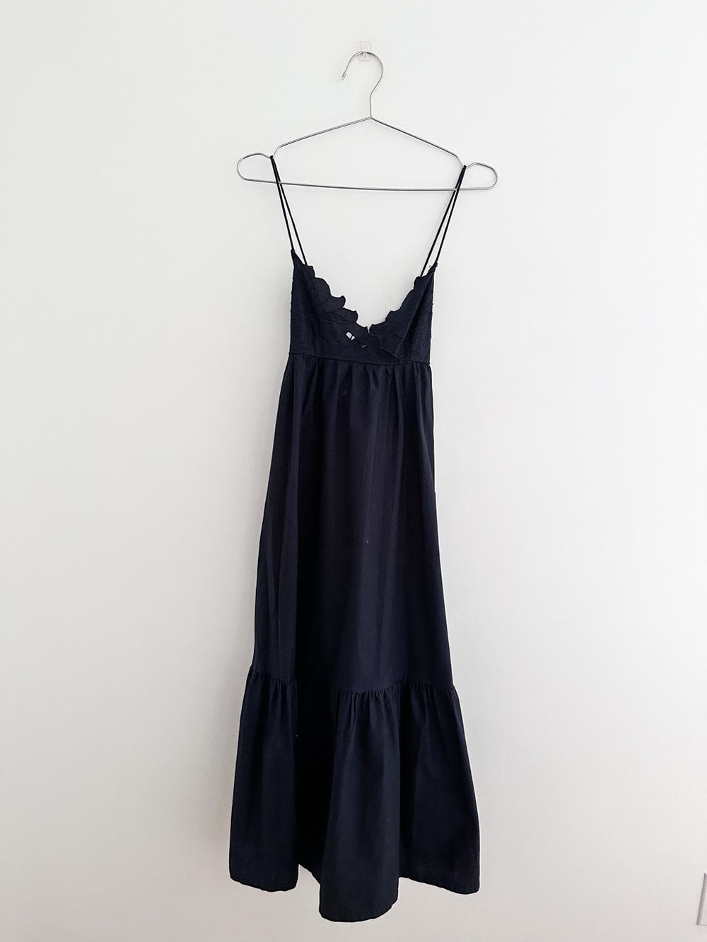 Zara Black Cotton Midi Dress Eyelet Bodice Tiered Skirt Spaghetti Straps Size S